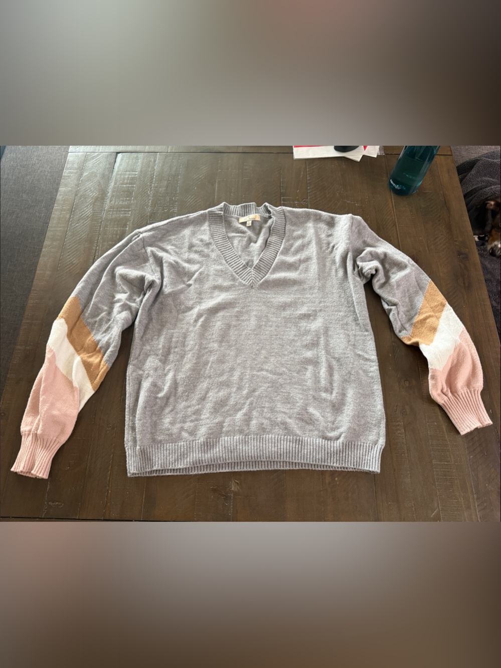 Gray V-Neck Sweater with Pink and Tan Colorblock Sleeves